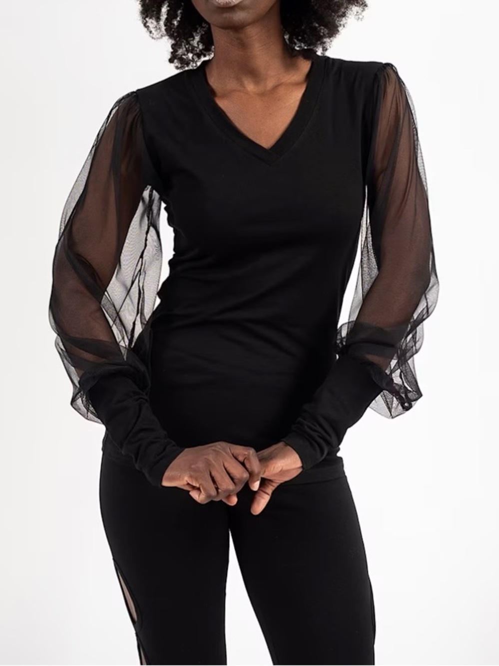 Metamorphoza V-Neck top with Sheer tulle Sleeves